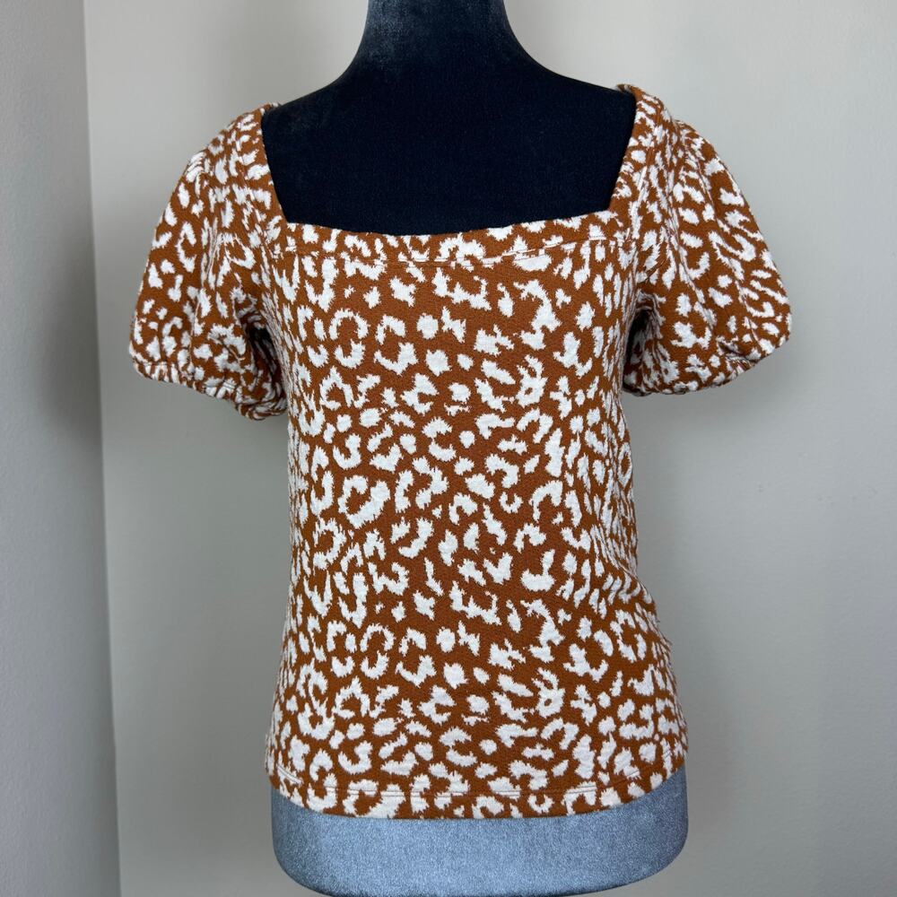 Free People “No Type” Brown Leopard Top Square Neck Jacquard Size small